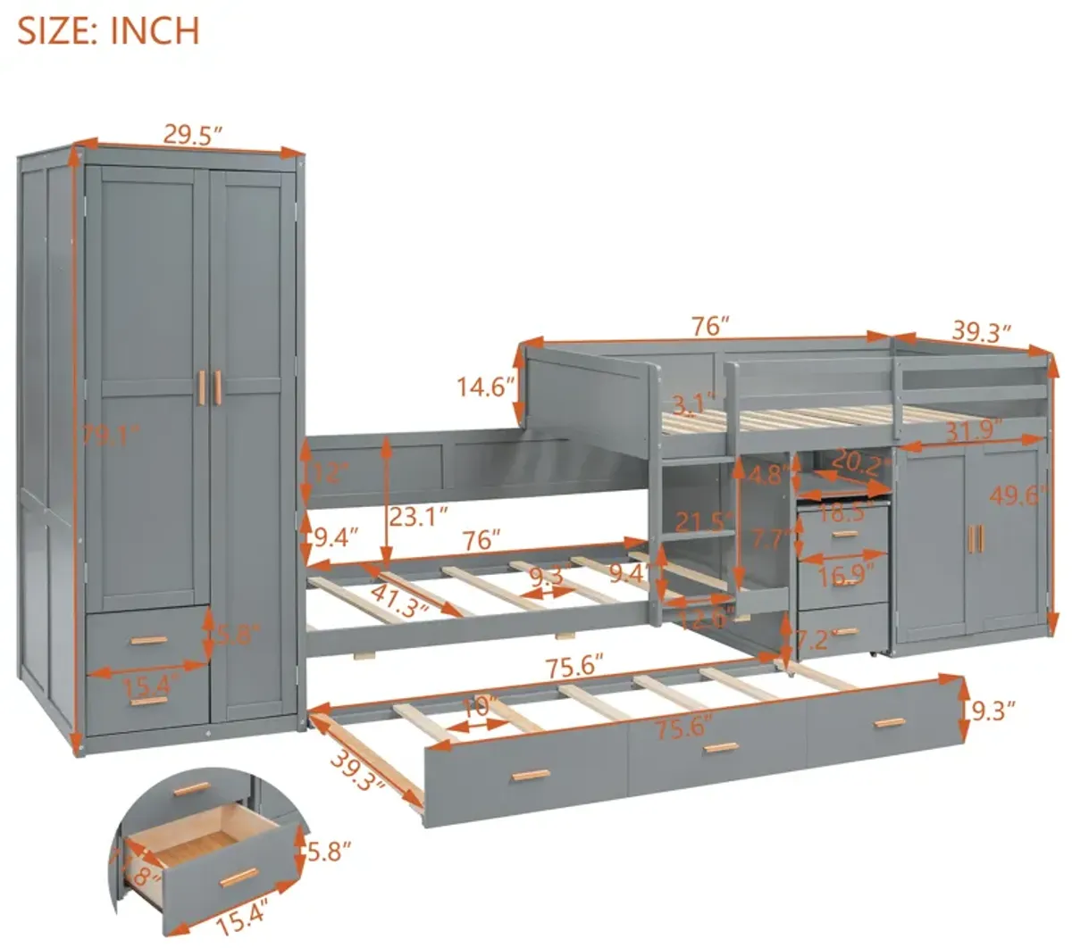 Merax Bunk Bed with Trundle, Cabinet, and Wardrobe