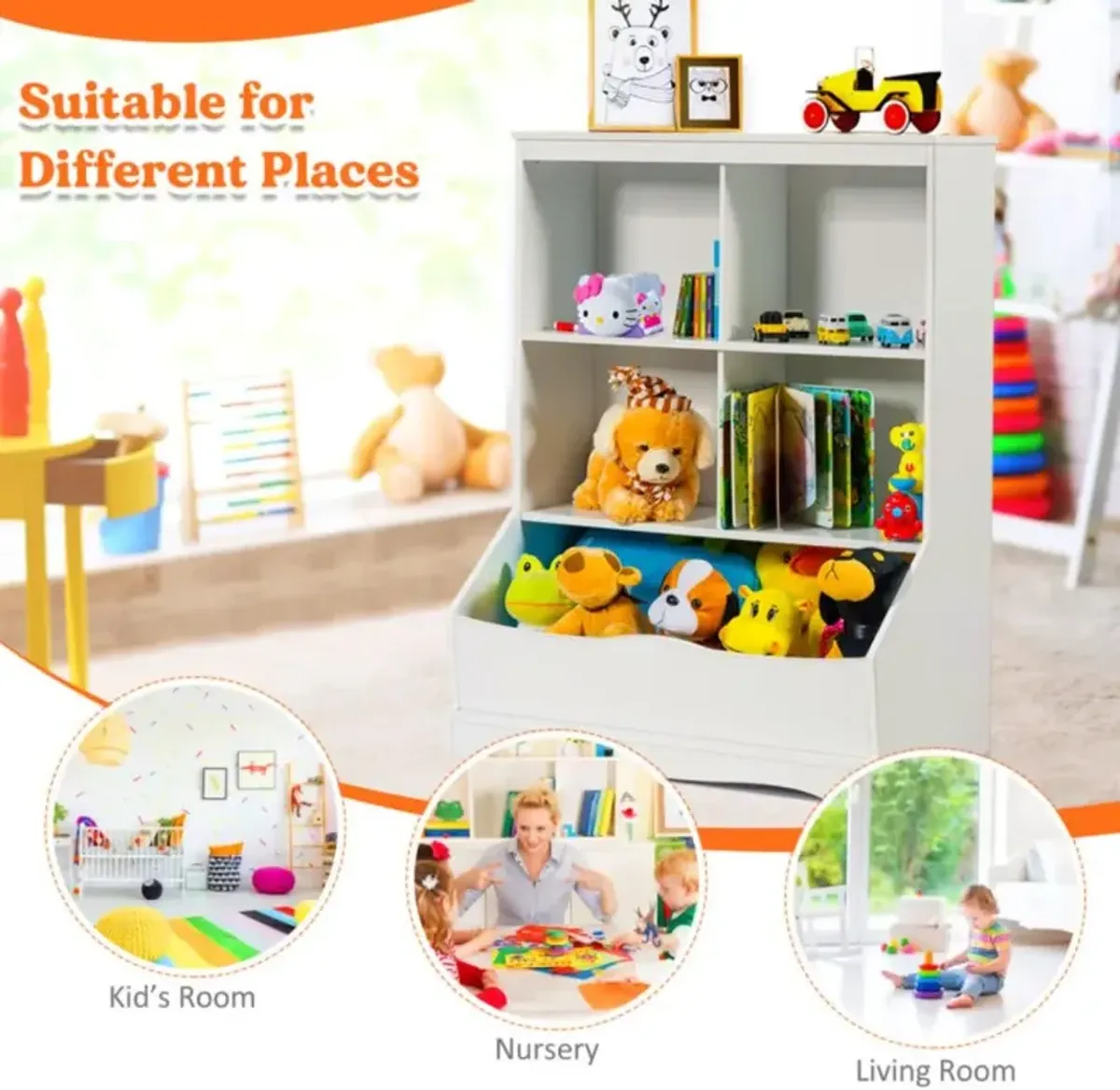 Hivvago 3-Tier Children's Multi-Functional Bookcase Toy Storage Bin Floor Cabinet