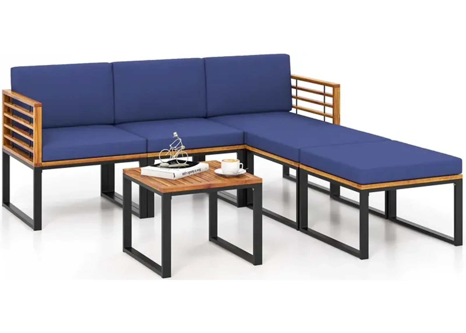 6 Piece Patio Acacia Wood Conversation Sofa Set with Ottomans and Coffee Table-Navy