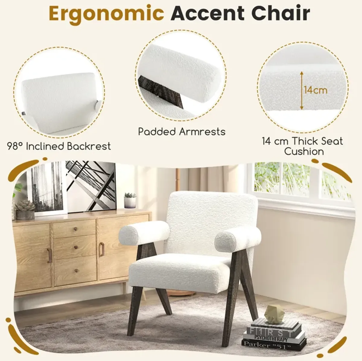 Upholstered Armchair with Natural Rubber Wood Legs and Sponge Padded Seat-White