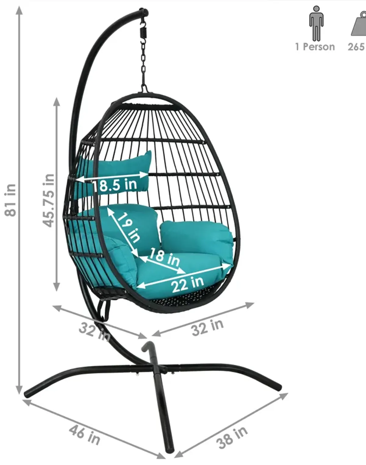 Sunnydaze Resin Wicker Hanging Egg Chair with Steel Stand/Cushion - Teal