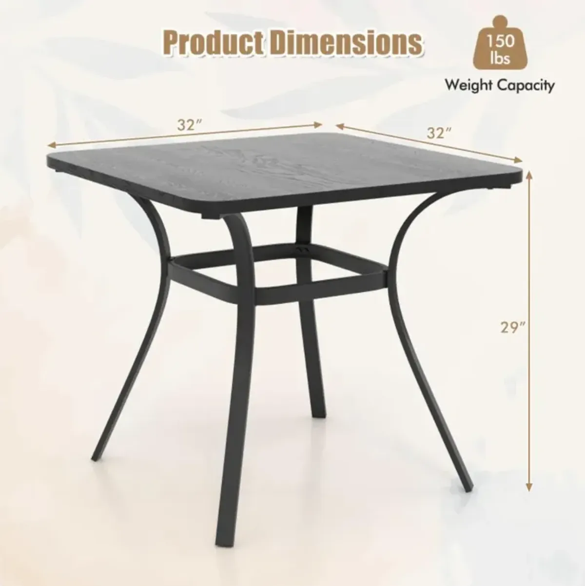 Hivvago 32 Inch Patio Dining Table Metal Square Table for Dining with 4 Curved Legs