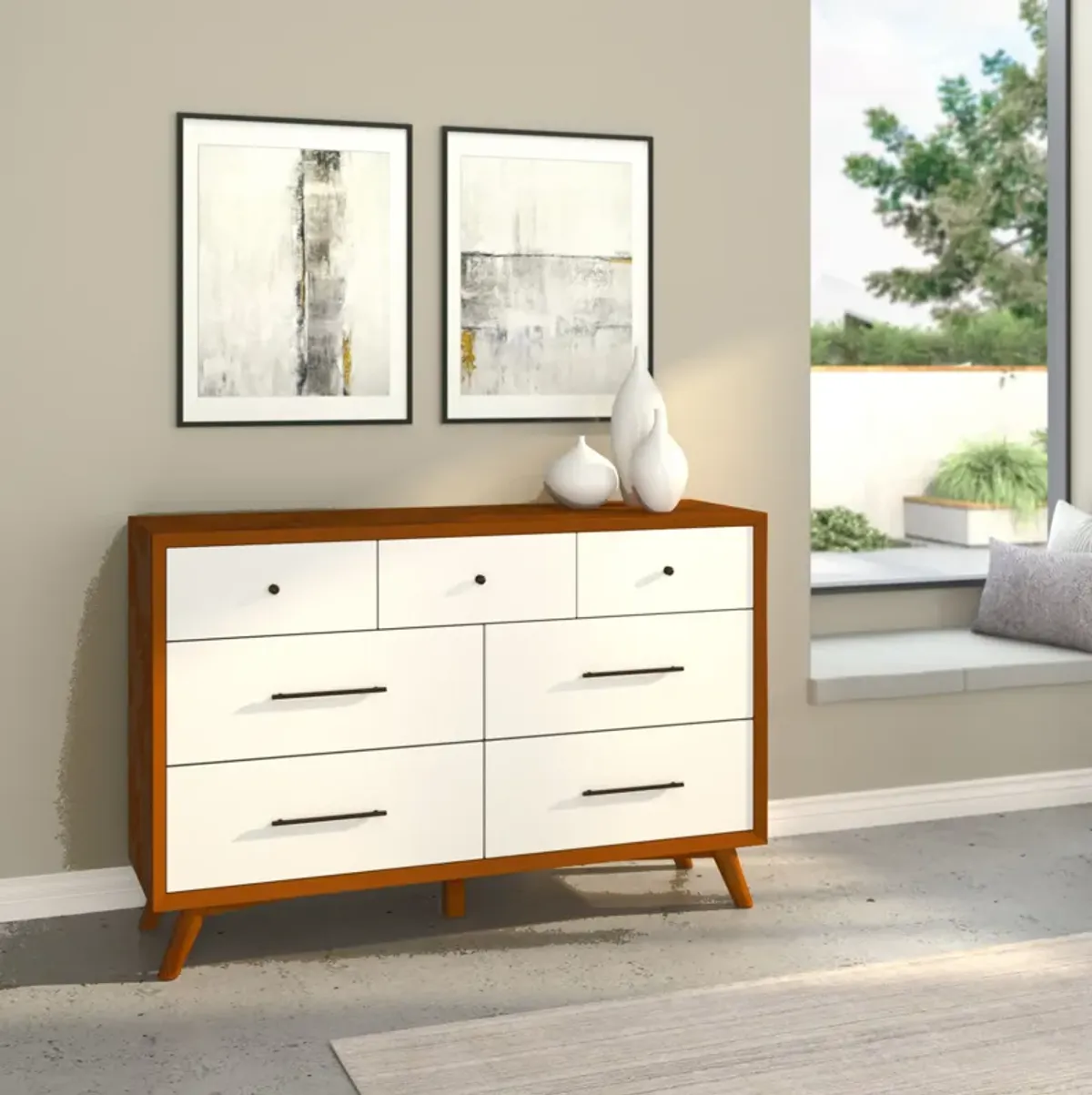 Flynn 7 Drawer Two Tone Dresser, Acorn/White
