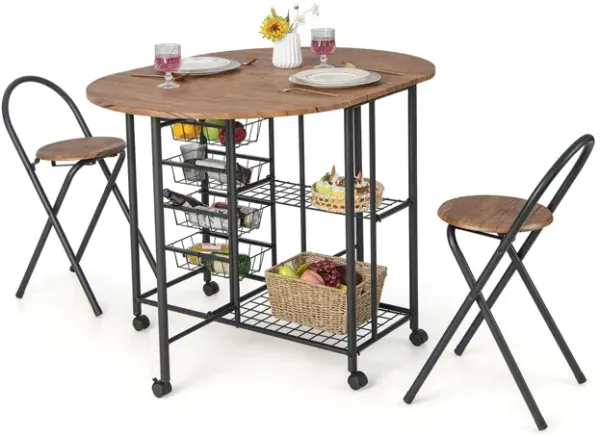 3 Pieces Folding Dining Table and Chair Set-Rustic Brown