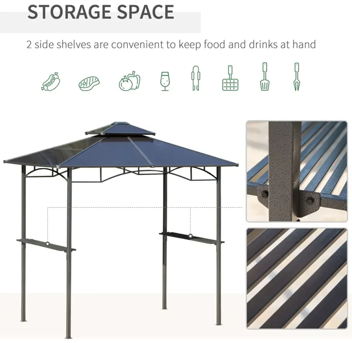 Brown BBQ Shelter: 8'x5' Gazebo with Side Shelves and PC Roof