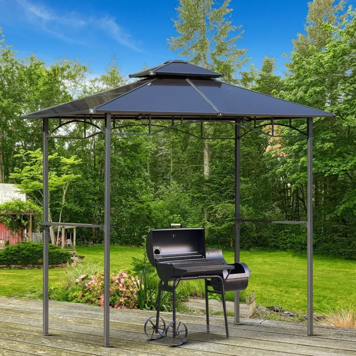 Brown BBQ Shelter: 8'x5' Gazebo with Side Shelves and PC Roof