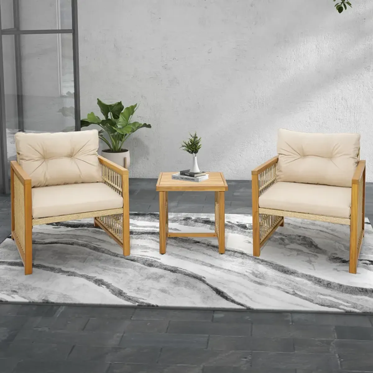 3 Pieces Patio PE Wicker Conversation Set with Acacia Wood Frame and Cushions-Beige