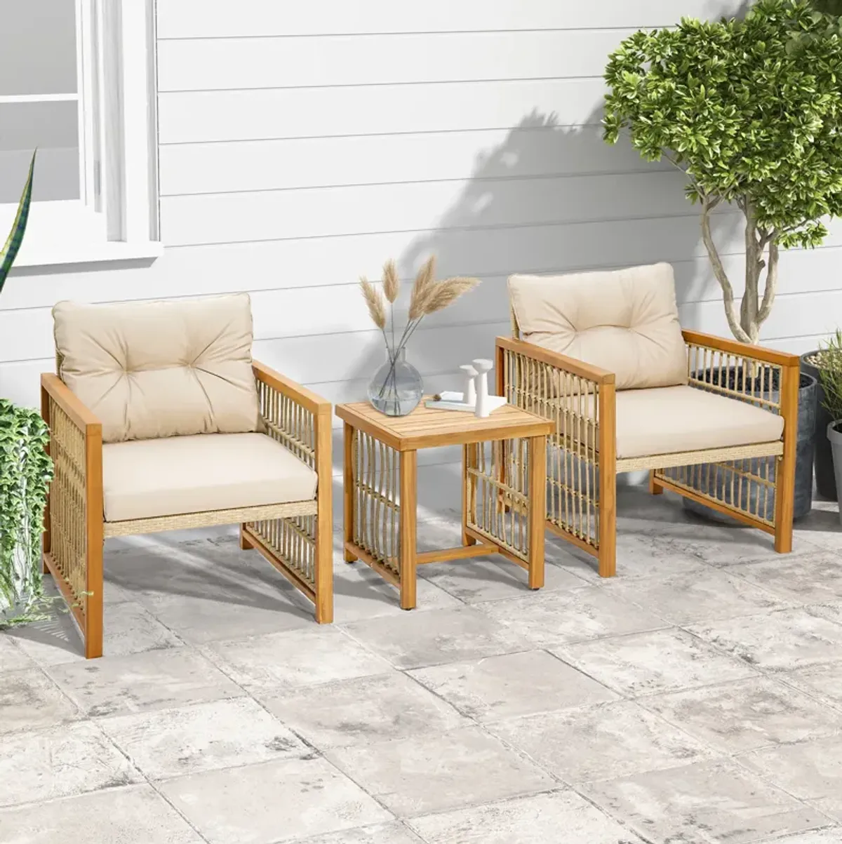 3 Pieces Patio PE Wicker Conversation Set with Acacia Wood Frame and Cushions-Beige