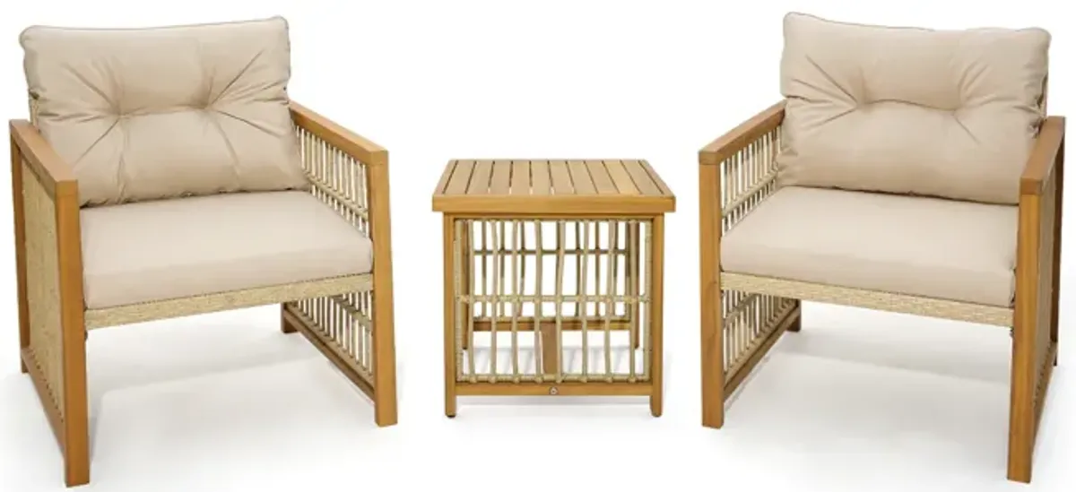 3 Pieces Patio PE Wicker Conversation Set with Acacia Wood Frame and Cushions-Beige