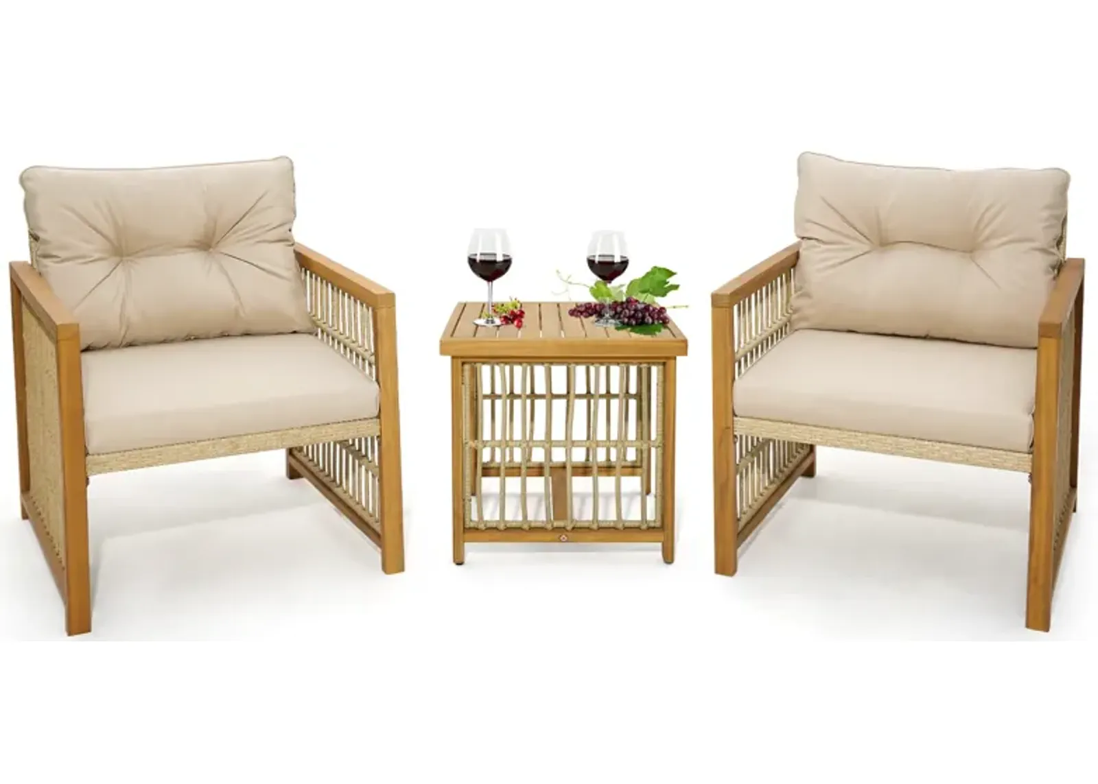 3 Pieces Patio PE Wicker Conversation Set with Acacia Wood Frame and Cushions-Beige