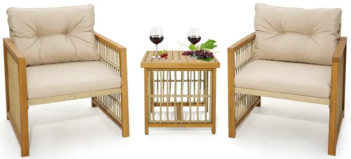 3 Pieces Patio PE Wicker Conversation Set with Acacia Wood Frame and Cushions-Beige