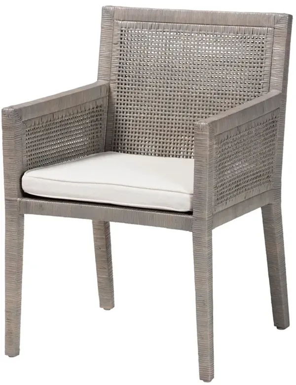 bali & pari Karis Rattan Dining Chair with Cushion - Handwoven Wicker Armchair with Mahogany Wood Frame, Coastal Boho Style Indoor Seating, French Grey