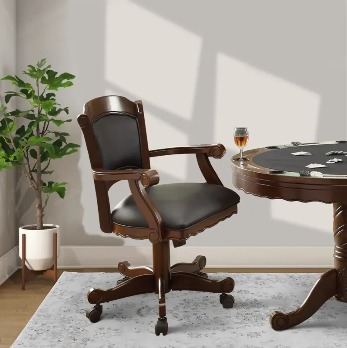 Snug Arm Game Chair with Casters and Fabric Seat and Back, Brown - Benzara