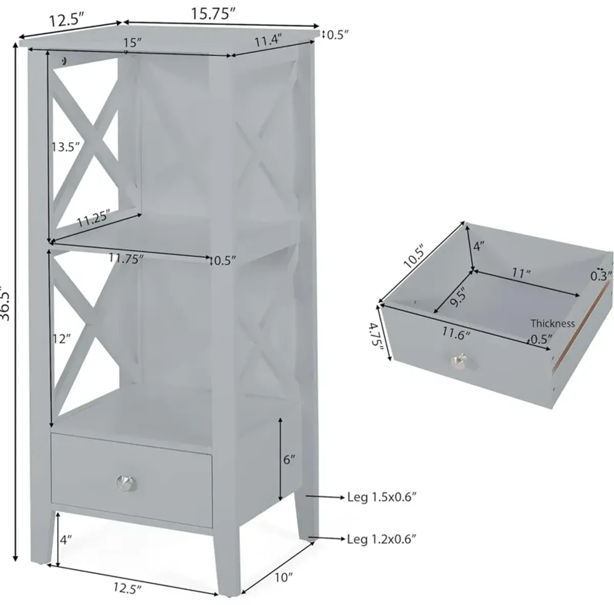 Veny Bathroom Linen Storage Rack, 16 x 36, 2 Shelves, 1 Drawer, Gray - Benzara