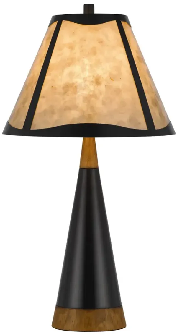30 Inch 3 Way Table Lamp, Beige Mica Shade, Rubberwood and Black Metal Body - Benzara