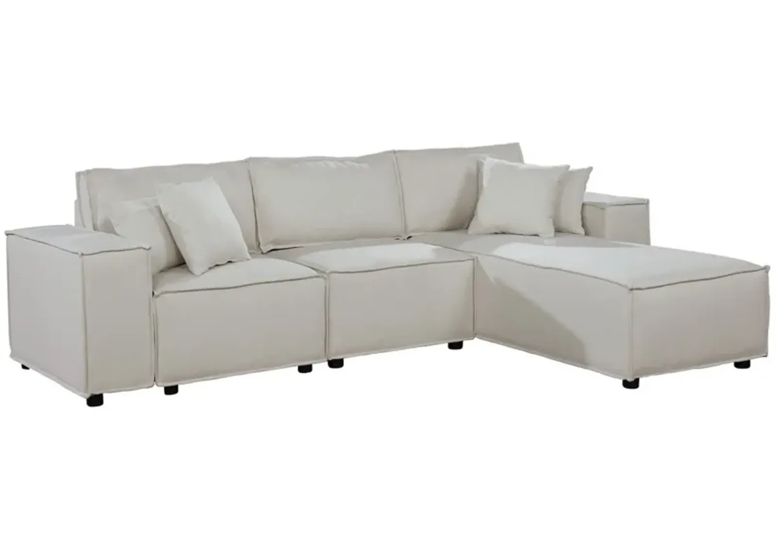 Shore 104 Inch Modular Sofa with Reversible Chaise, Pillows, Beige Fabric-Benzara