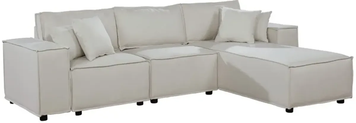 Shore 104 Inch Modular Sofa with Reversible Chaise, Pillows, Beige Fabric-Benzara