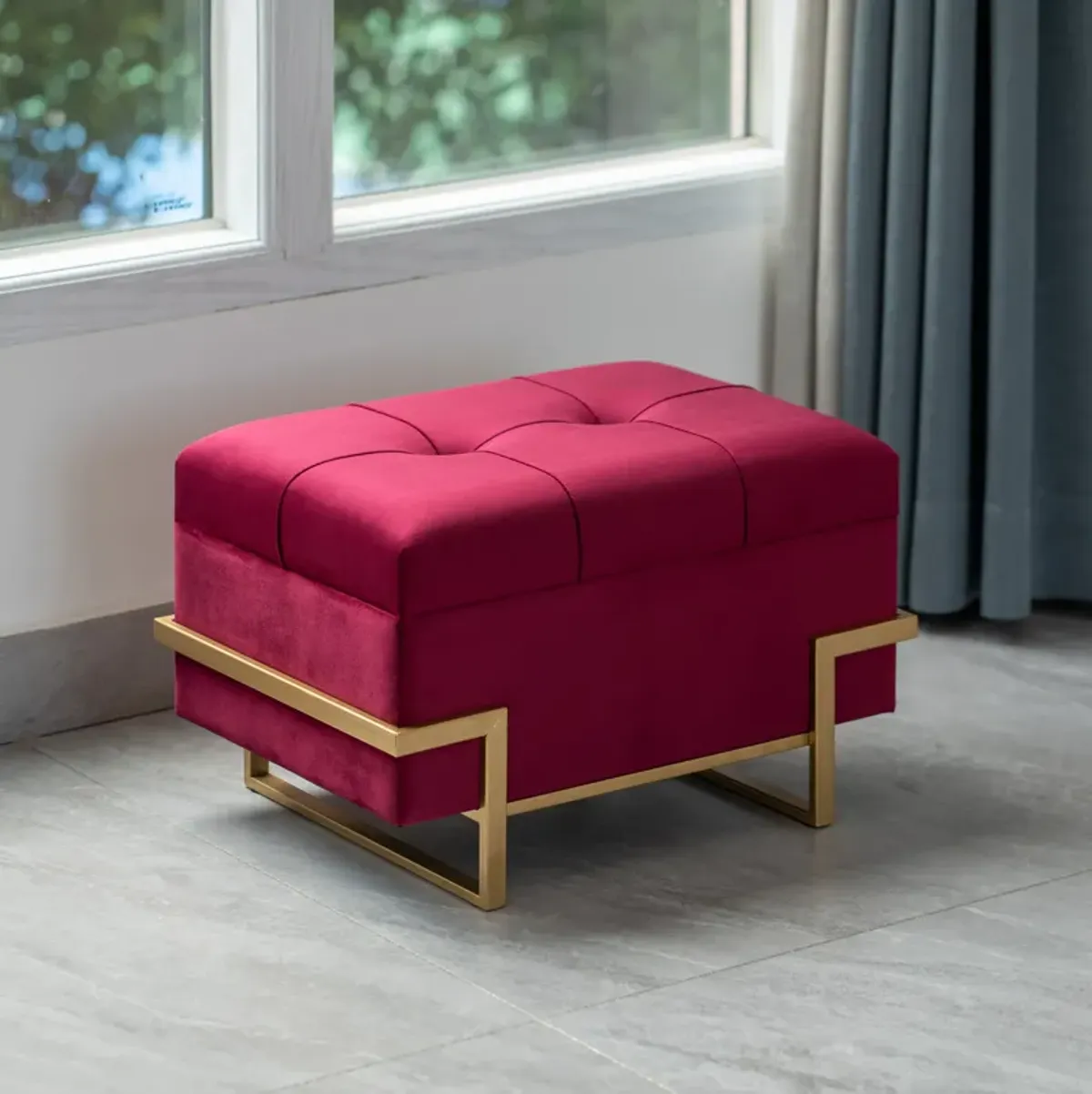 Rectangle Velvet Storage Ottoman Stool Box with Abstract Golden Legs | Decorative Sitting Bench for Living Room Home Decor with Unique Base Support (Red Small)