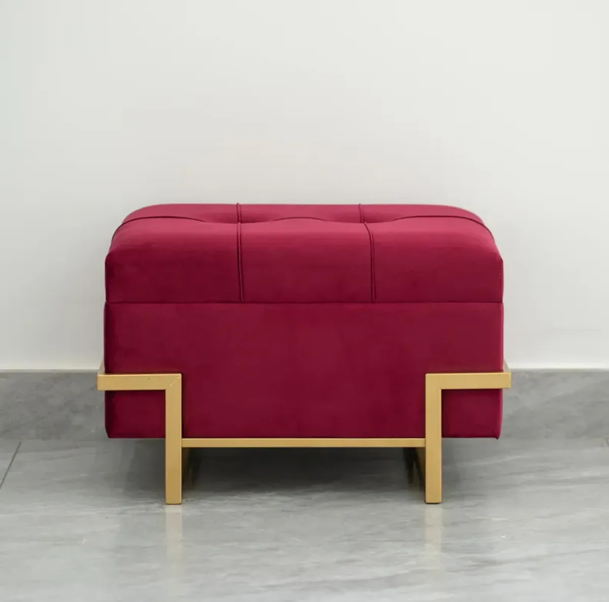 Rectangle Velvet Storage Ottoman Stool Box with Abstract Golden Legs | Decorative Sitting Bench for Living Room Home Decor with Unique Base Support (Red Small)