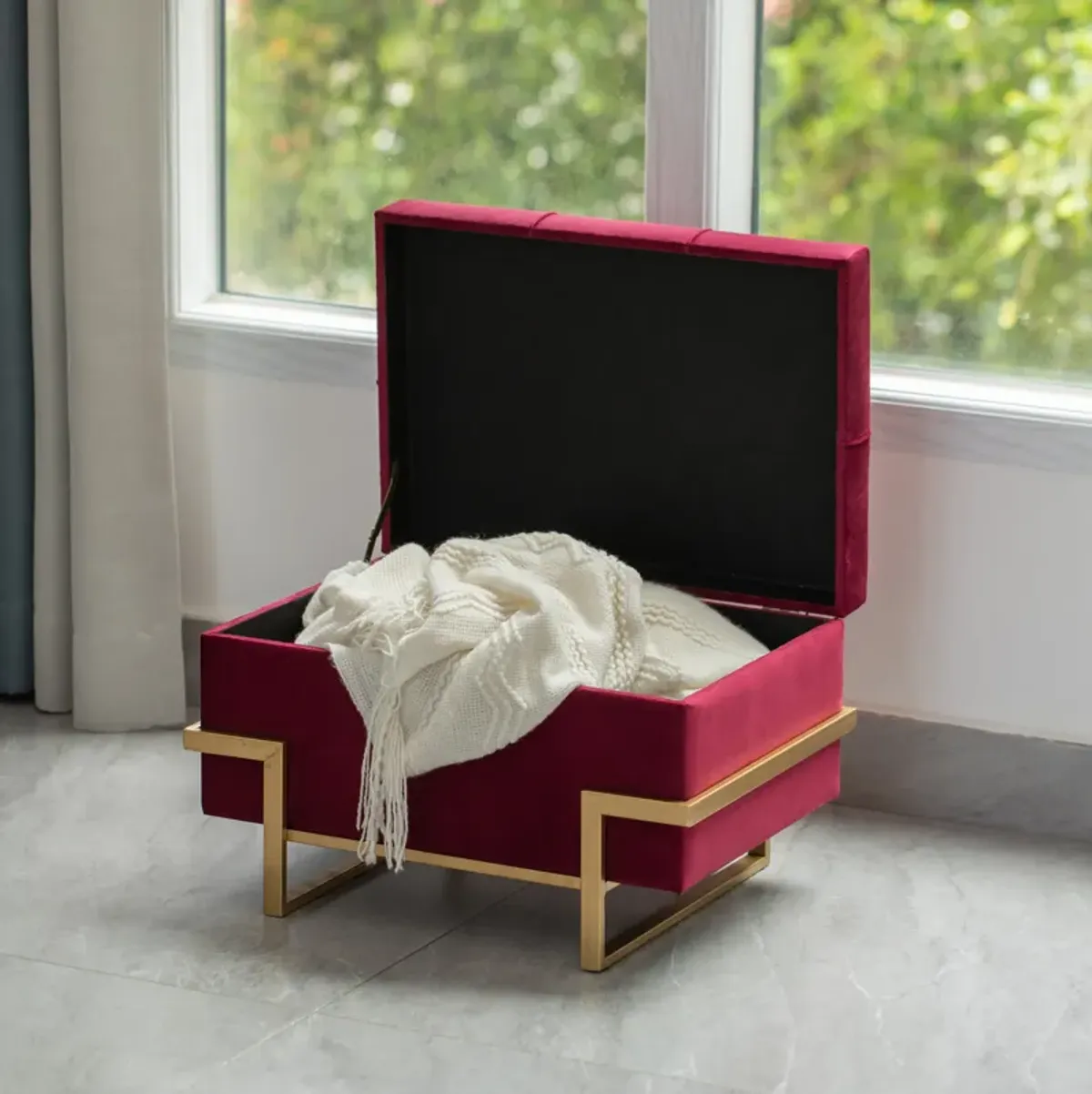 Rectangle Velvet Storage Ottoman Stool Box with Abstract Golden Legs | Decorative Sitting Bench for Living Room Home Decor with Unique Base Support (Red Small)