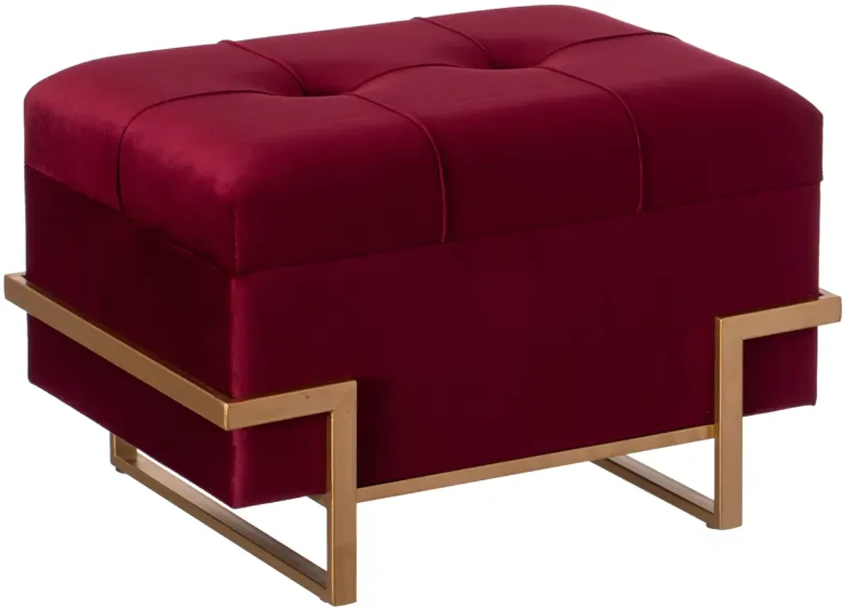 Rectangle Velvet Storage Ottoman Stool Box with Abstract Golden Legs | Decorative Sitting Bench for Living Room Home Decor with Unique Base Support (Red Small)