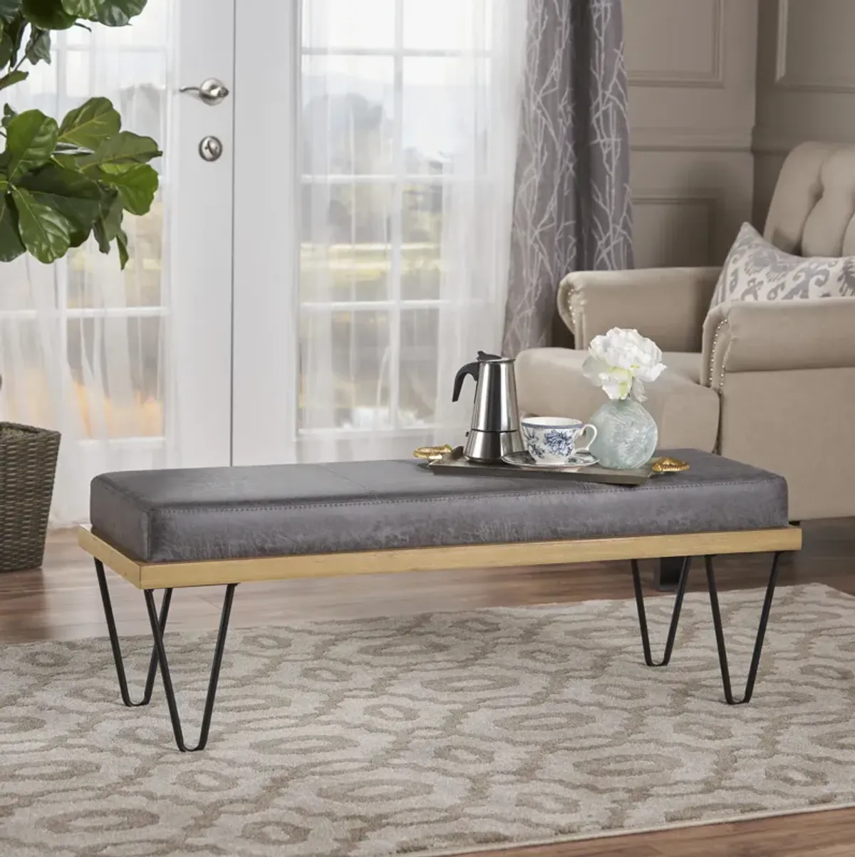 Mid-Century Modern Bench with Upholstered Seat and Storage