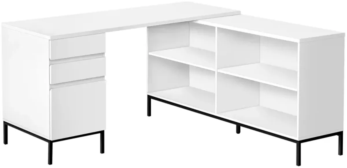 Computer Desk, Home Office, Corner, Storage Drawers, 60"L, L Shape, Work, Laptop, Metal, Laminate, White, Black, Contemporary, Modern