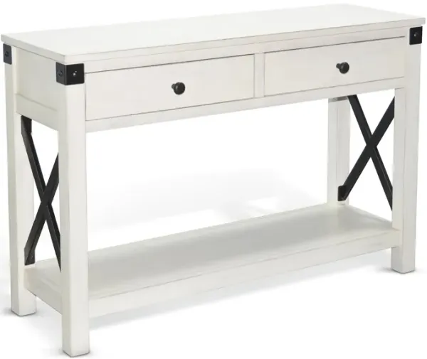 Sime Sofa Table w Shelf, 2 Drawers, 44 Inch Rectangular Off White Wood - Benzara