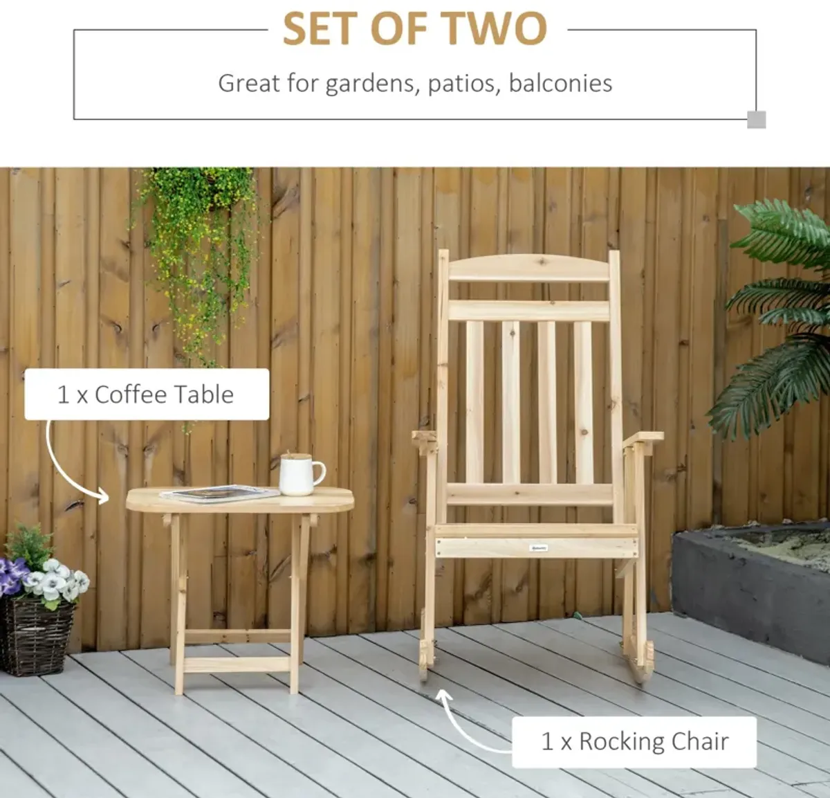 Natural Porch Set: 2-Piece Wooden Rocking Chairs with Foldable Table