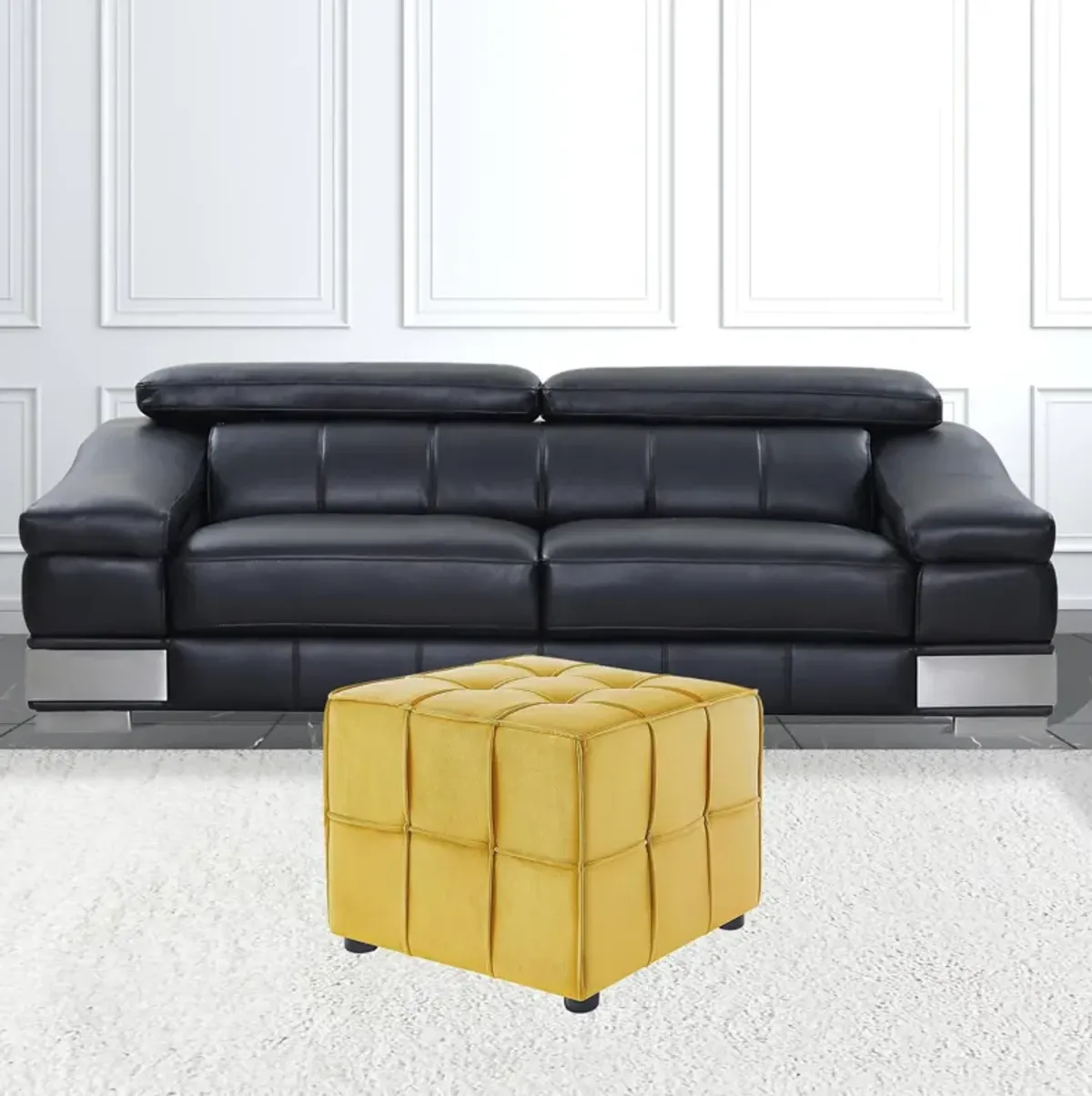 Hivvago 22" Yellow Velvet And Black Cube Ottoman