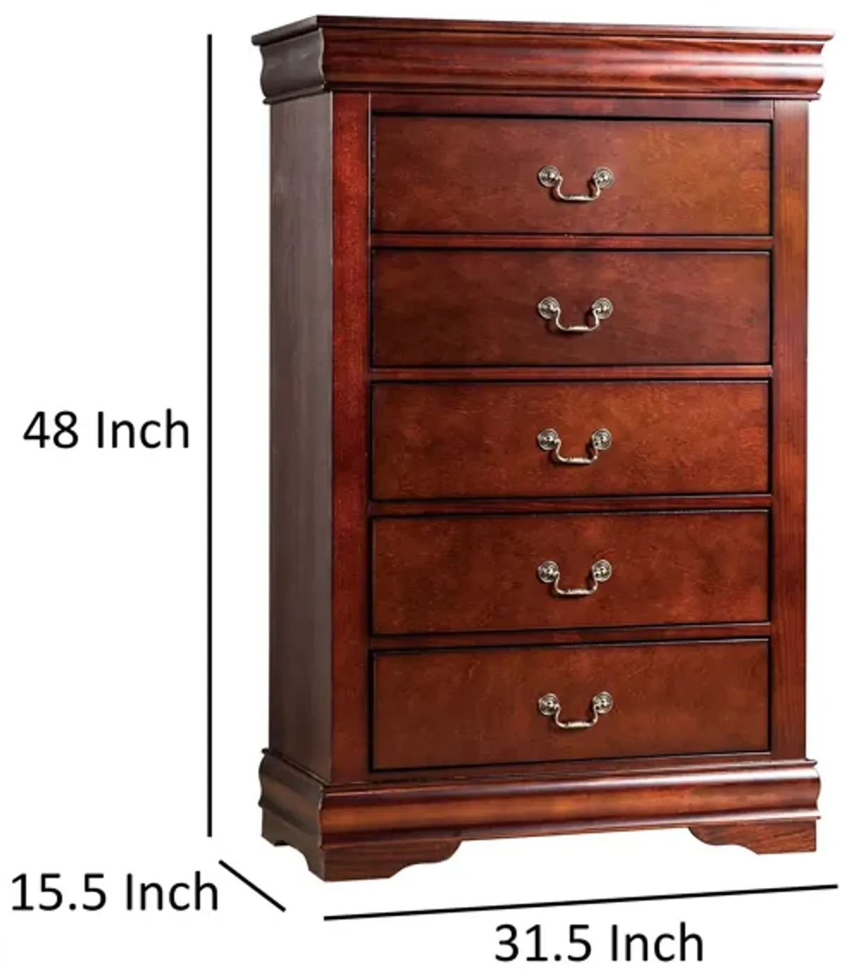 Ryla Tall Dresser Chest, 5 Drawers, Metal Handles, Cherry Brown Solid Wood