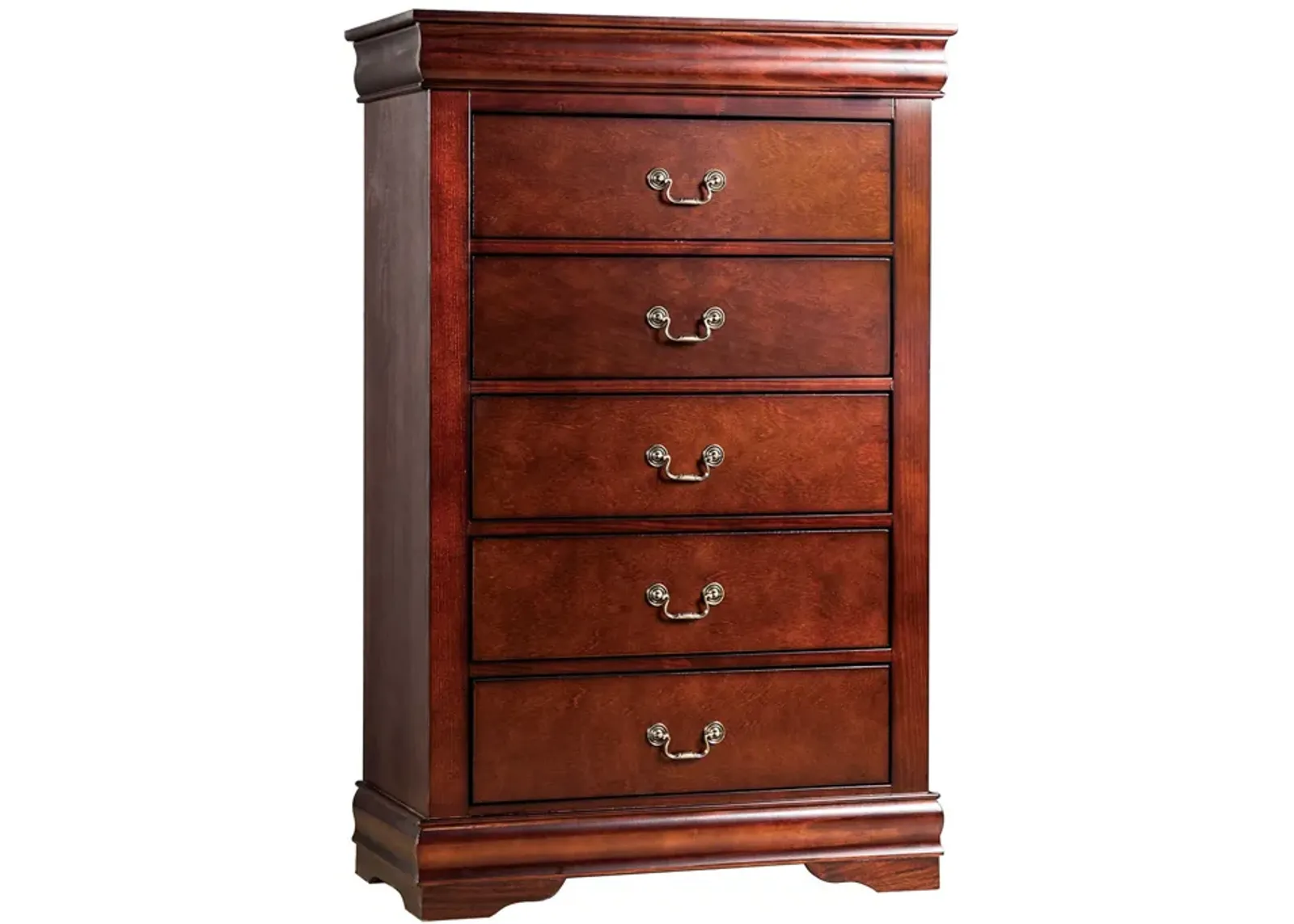 Ryla Tall Dresser Chest, 5 Drawers, Metal Handles, Cherry Brown Solid Wood