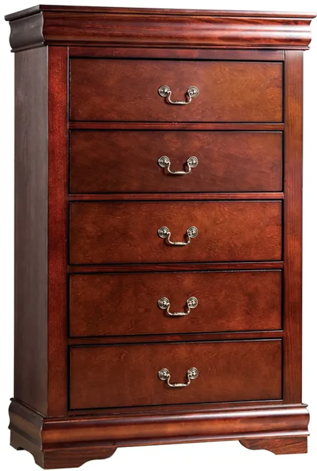 Ryla Tall Dresser Chest, 5 Drawers, Metal Handles, Cherry Brown Solid Wood