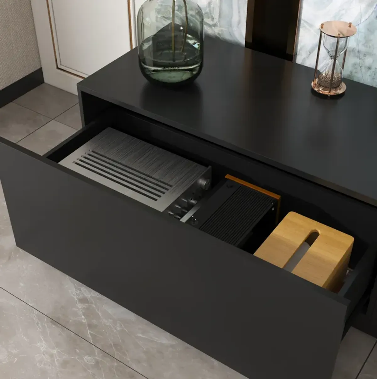 FUFU&GAGA Modern Black 2-Drawer 1-Shelf TV Cabinet (109.4" W x 15.7" D x 14.9" H), Black