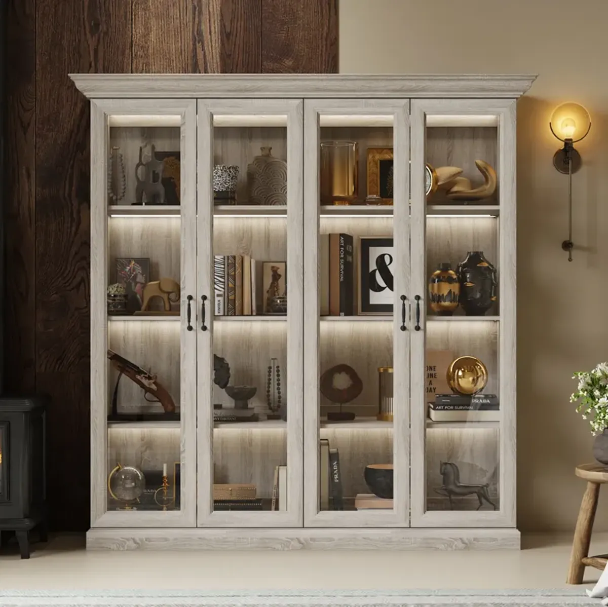 FUFU&GAGA 68.5” Rustic Grey Oak 4-Door Glass Display Cabinet with LED Light and Crown Molding, Modern Tall Storage Cabinet for Living Room or Dining Room (68.5 in. W x 18.7 in. D x 69.1 in. H), Rustic Grey Oak