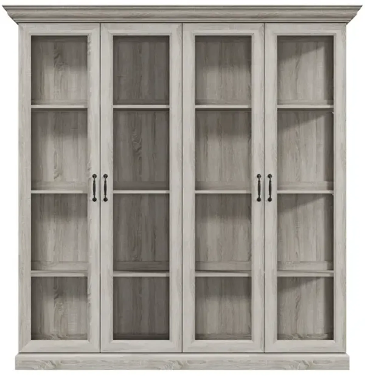 FUFU&GAGA 68.5” Rustic Grey Oak 4-Door Glass Display Cabinet with LED Light and Crown Molding, Modern Tall Storage Cabinet for Living Room or Dining Room (68.5 in. W x 18.7 in. D x 69.1 in. H), Rustic Grey Oak
