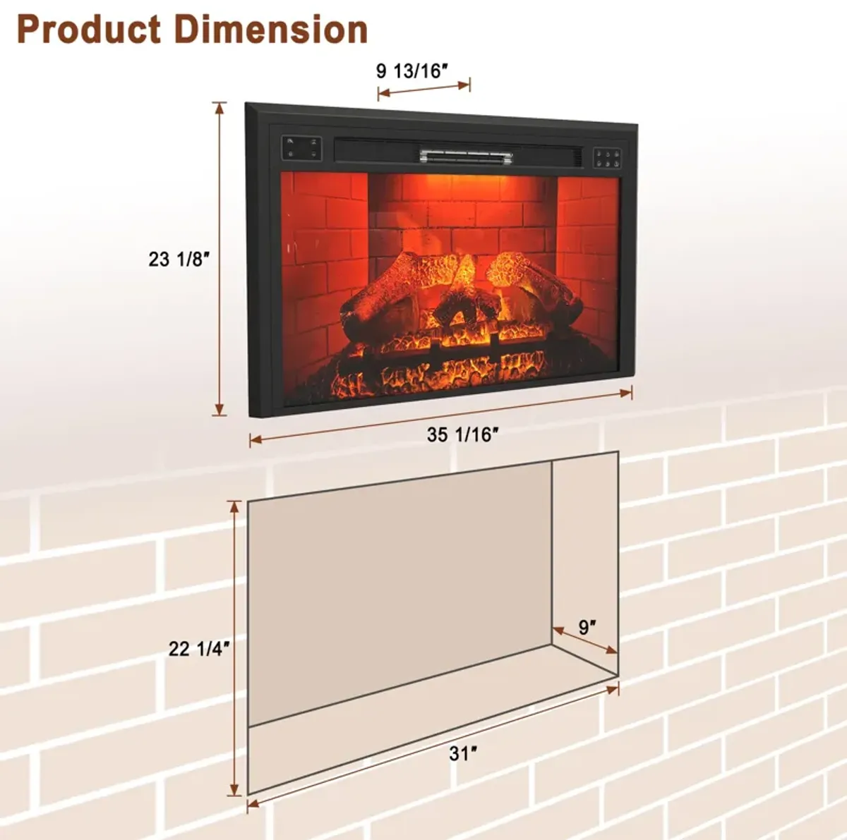 MONDAWE 35" Wall-Mounted Recessed Electric Fireplace 5120 BTU Heater with Remote Control & Adjustable Flame Color