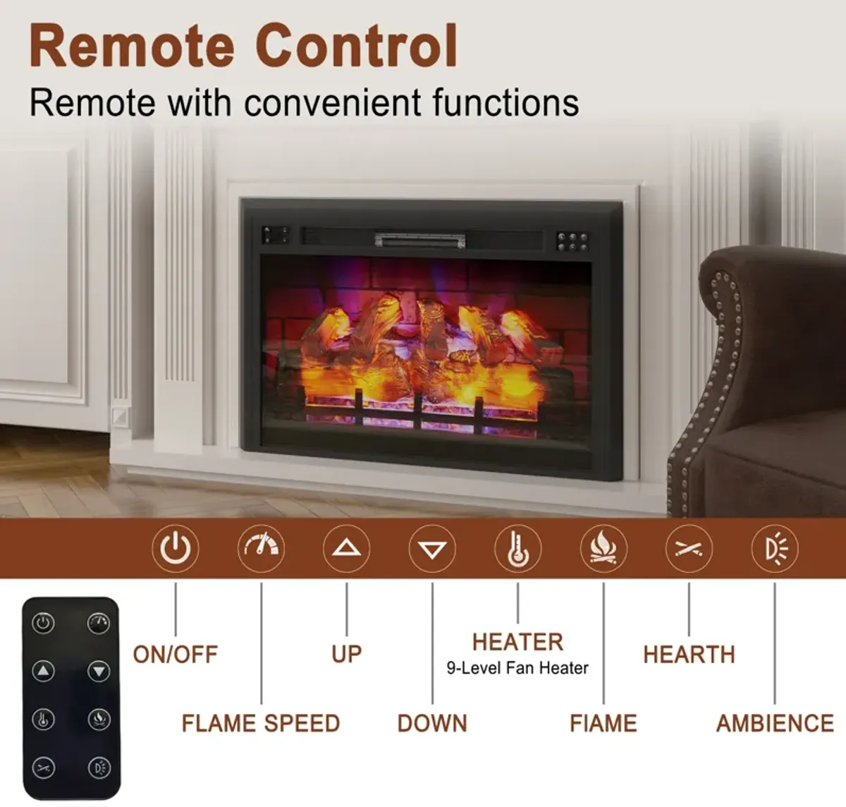 MONDAWE 35" Wall-Mounted Recessed Electric Fireplace 5120 BTU Heater with Remote Control & Adjustable Flame Color