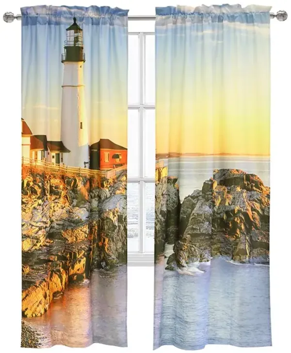 Habitat Photo Real Lighthouse and Ambient Surroundings Sunrise Light Filtering Pole Top Curtain Pair Each 38" x 84" Multicolor