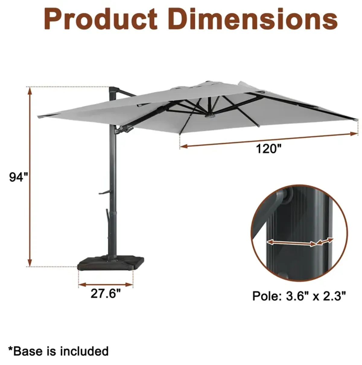 MONDAWE 10 ft. Square Outdoor Cantilever Umbrella Aluminum Frame Tilting Parasol with Detachable Bluetooth LED Light Panel and Weighted Based