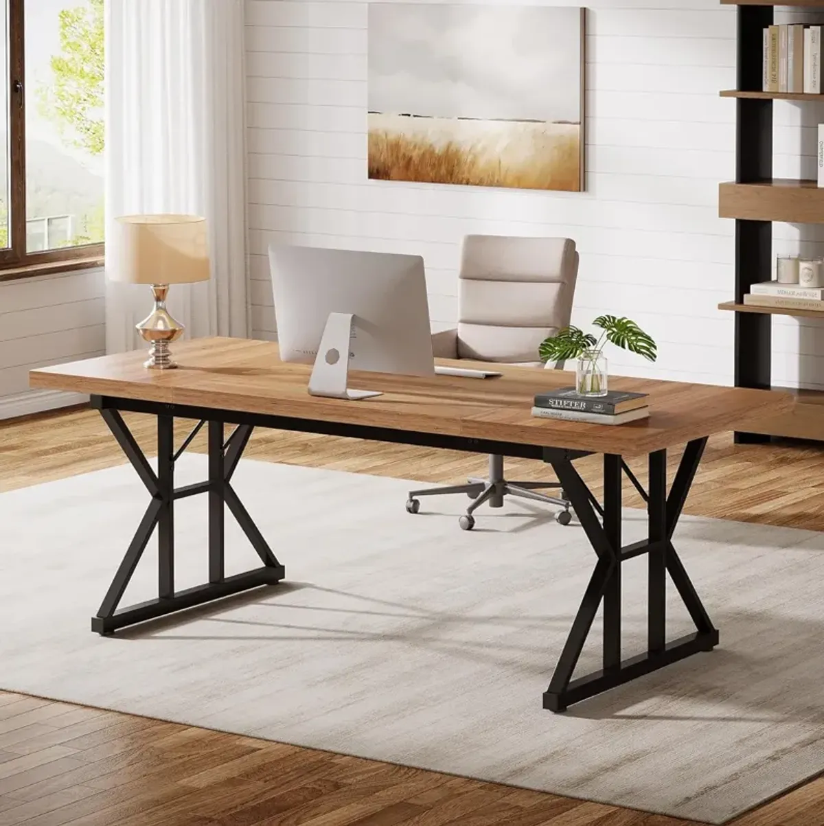 Tribesigns 70.86-Inch Large Executive Desk, Industrial Home Office Computer Desk, Simple Long Writing Study Table Business Furniture (Light Brown/Black)