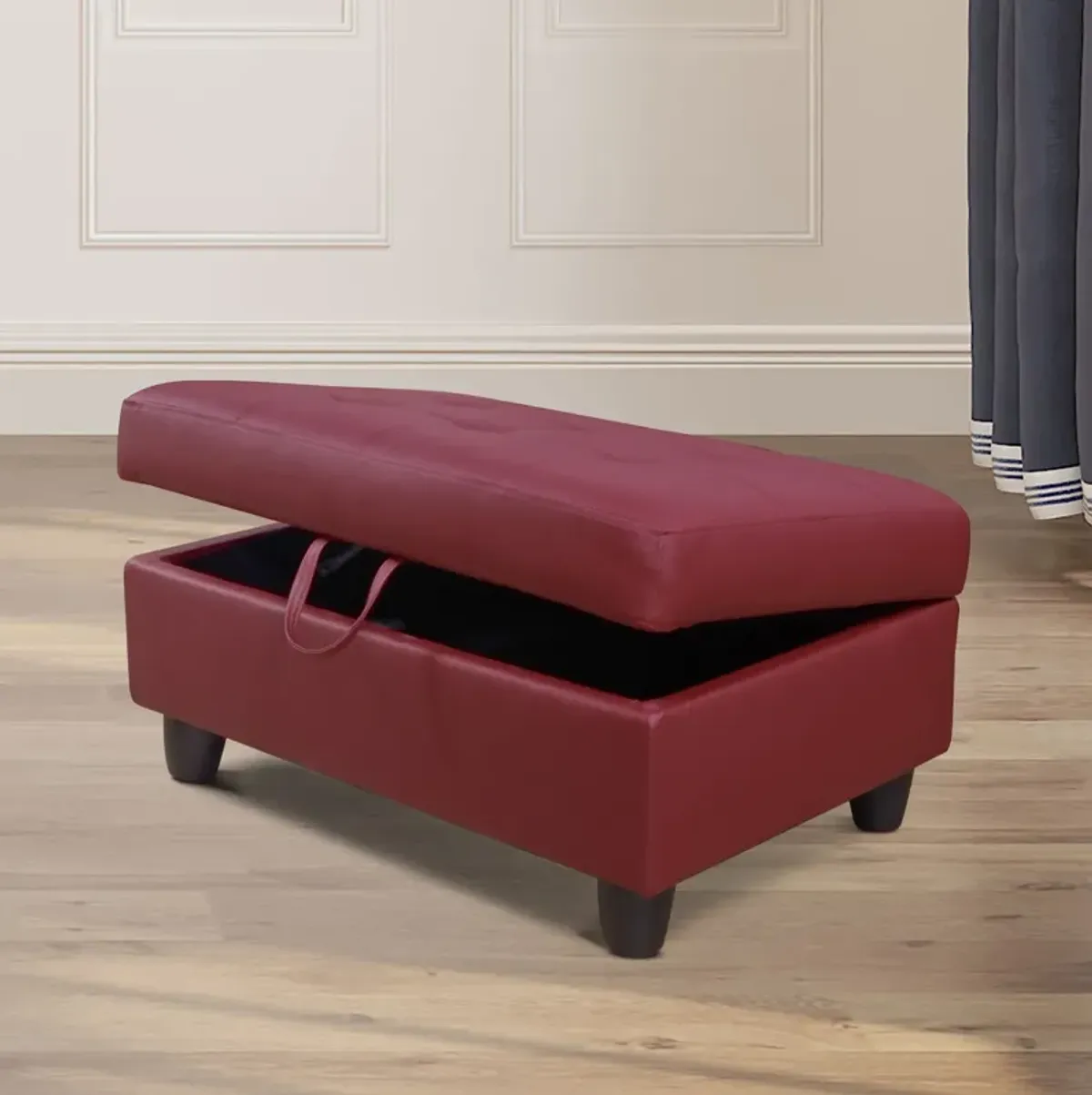 34 in. W Red Faux Leather Rectangle Ottoman with Storage