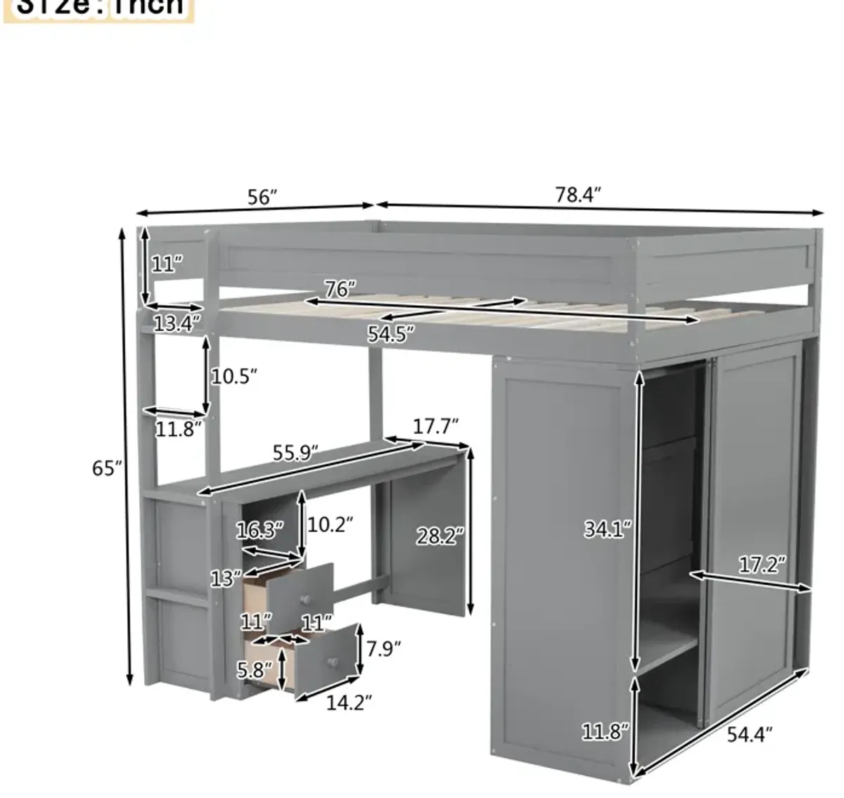 Merax Wood  Loft Bed with Wardrobes and  Cabinet