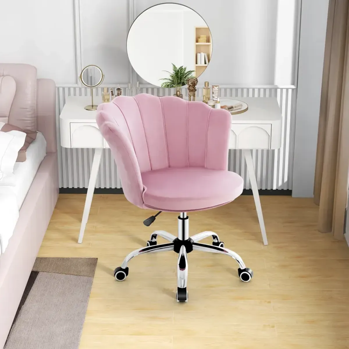 Adjustable Vanity Velvet Chair with Seashell Back and Wheels-Pink