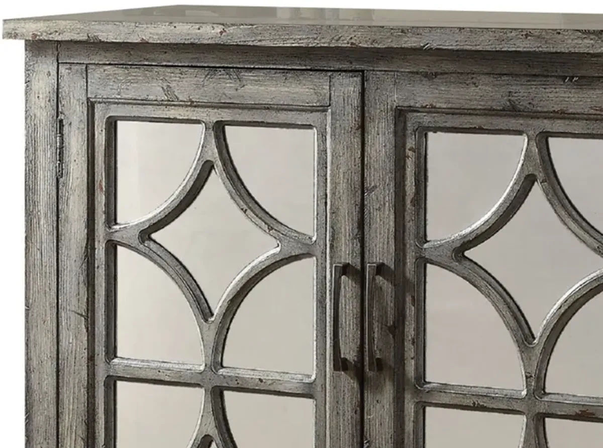 Storage Cabinet with 2 Doors and Diamond Mirror Trim, Weathered Gray-Benzara