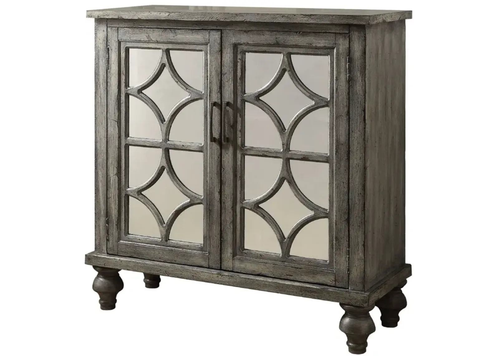 Storage Cabinet with 2 Doors and Diamond Mirror Trim, Weathered Gray-Benzara