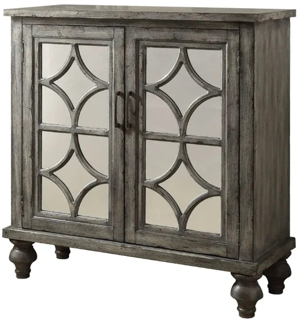 Storage Cabinet with 2 Doors and Diamond Mirror Trim, Weathered Gray-Benzara