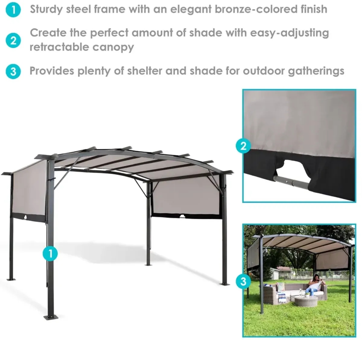 Sunnydaze 9 ft x 12 ft Metal Arched Pergola with Retractable Canopy