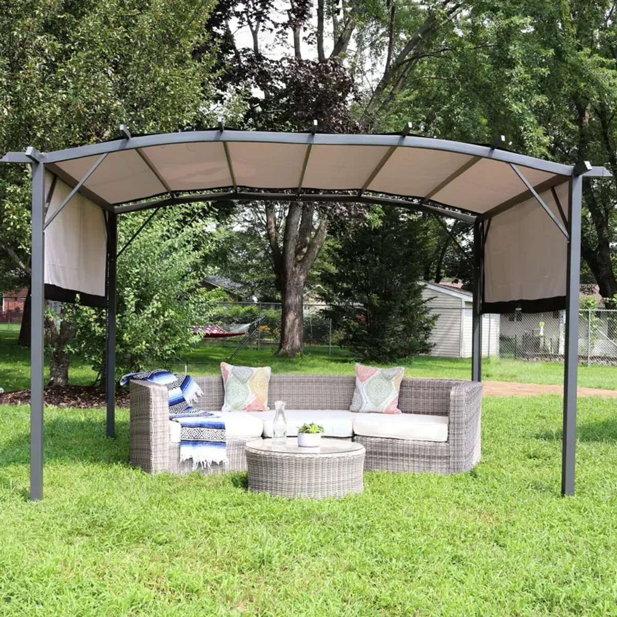 Sunnydaze 9 ft x 12 ft Metal Arched Pergola with Retractable Canopy