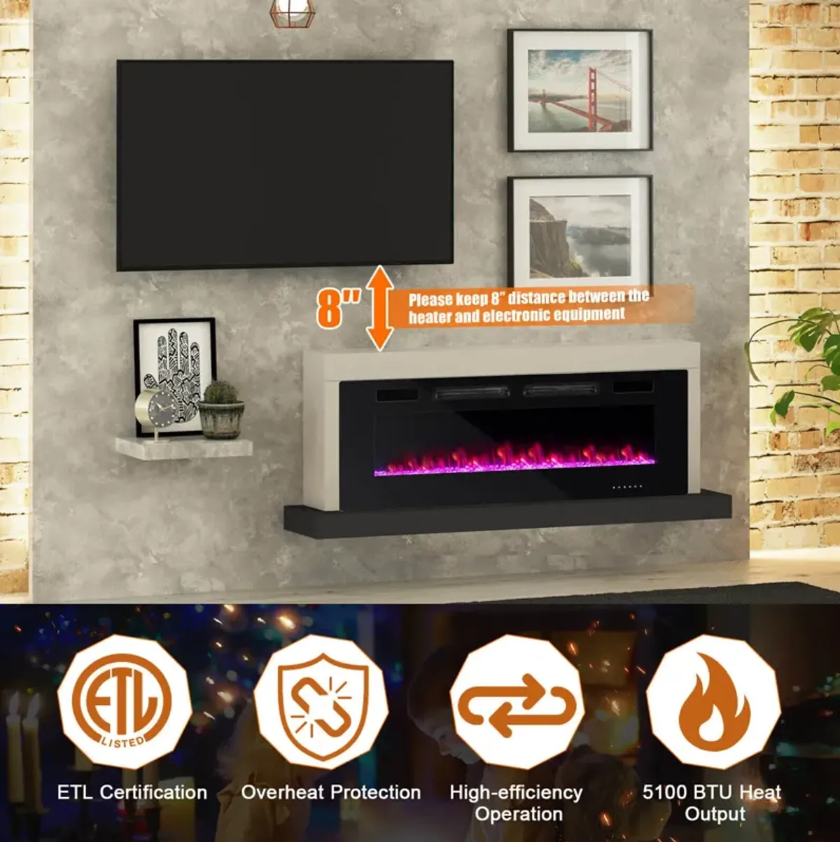 Ultra-Thin Electric Fireplace with Decorative Crystal Display